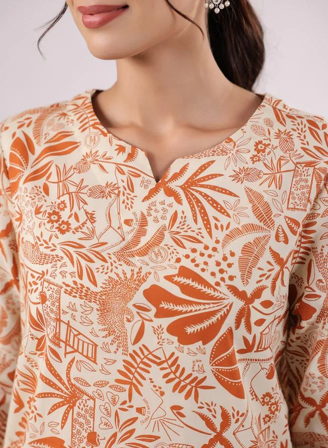 sanskrutihomes Women Ethnic Motifs Printed Cotton Tunic and Pyjama Set